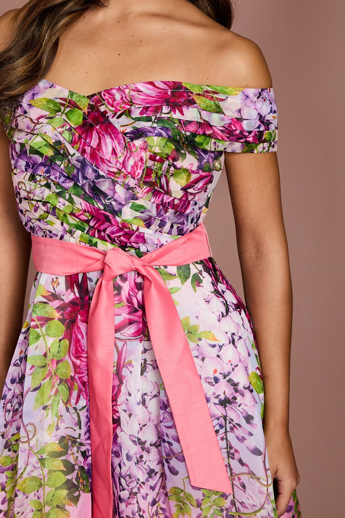 Coast Coast Women's Bardot Pleated Floral Printed Midi Dress in Pink - 4