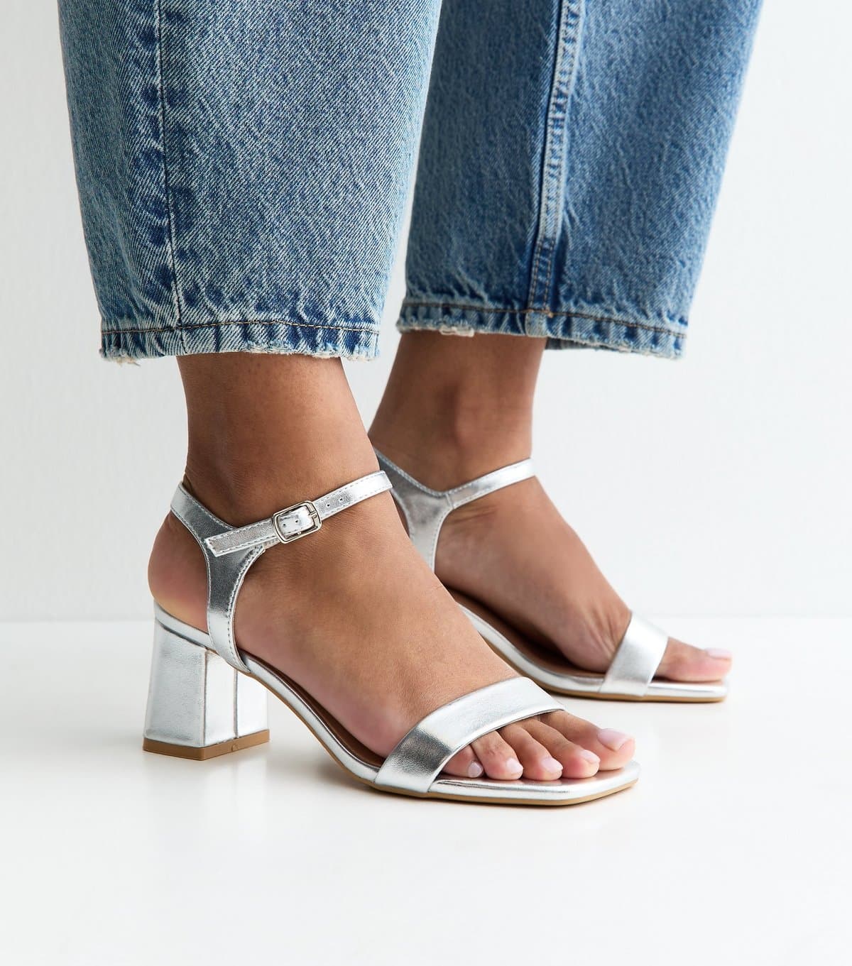 New Look Women's Silver Faux Leather Square Toe Block Heel Sandals Vegan New Look