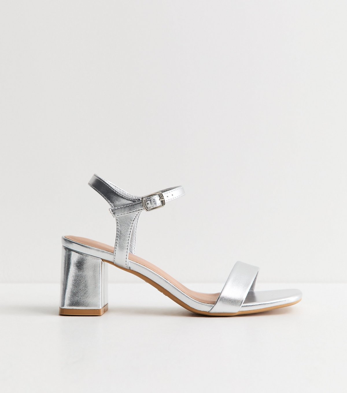 New Look Women's Silver Faux Leather Square Toe Block Heel Sandals Vegan New Look - 2
