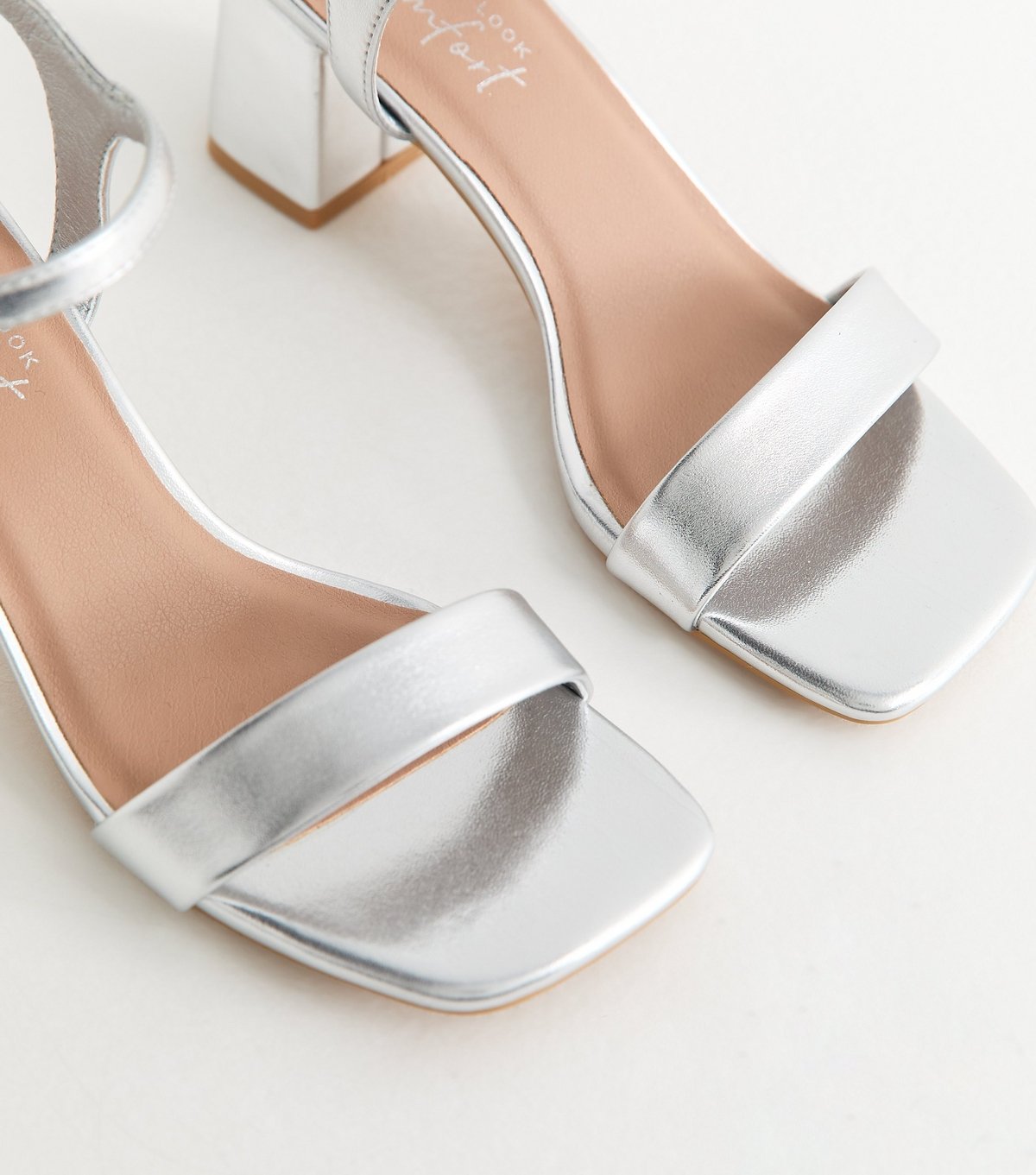 New Look Women's Silver Faux Leather Square Toe Block Heel Sandals Vegan New Look - 3