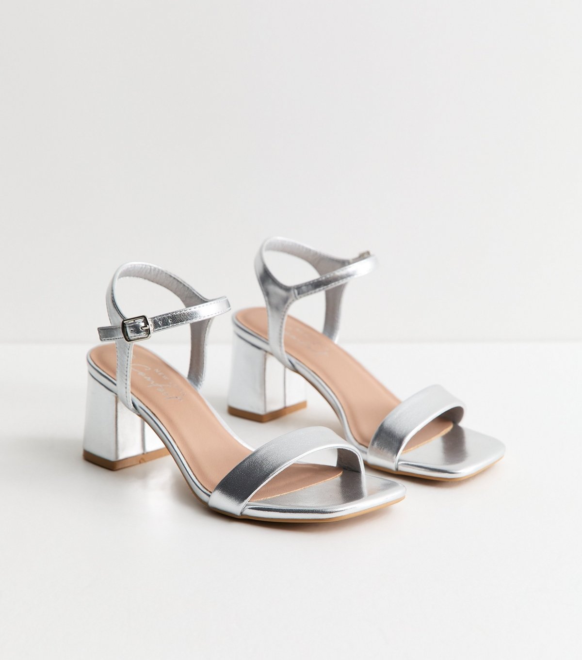 New Look Women's Silver Faux Leather Square Toe Block Heel Sandals Vegan New Look - 4