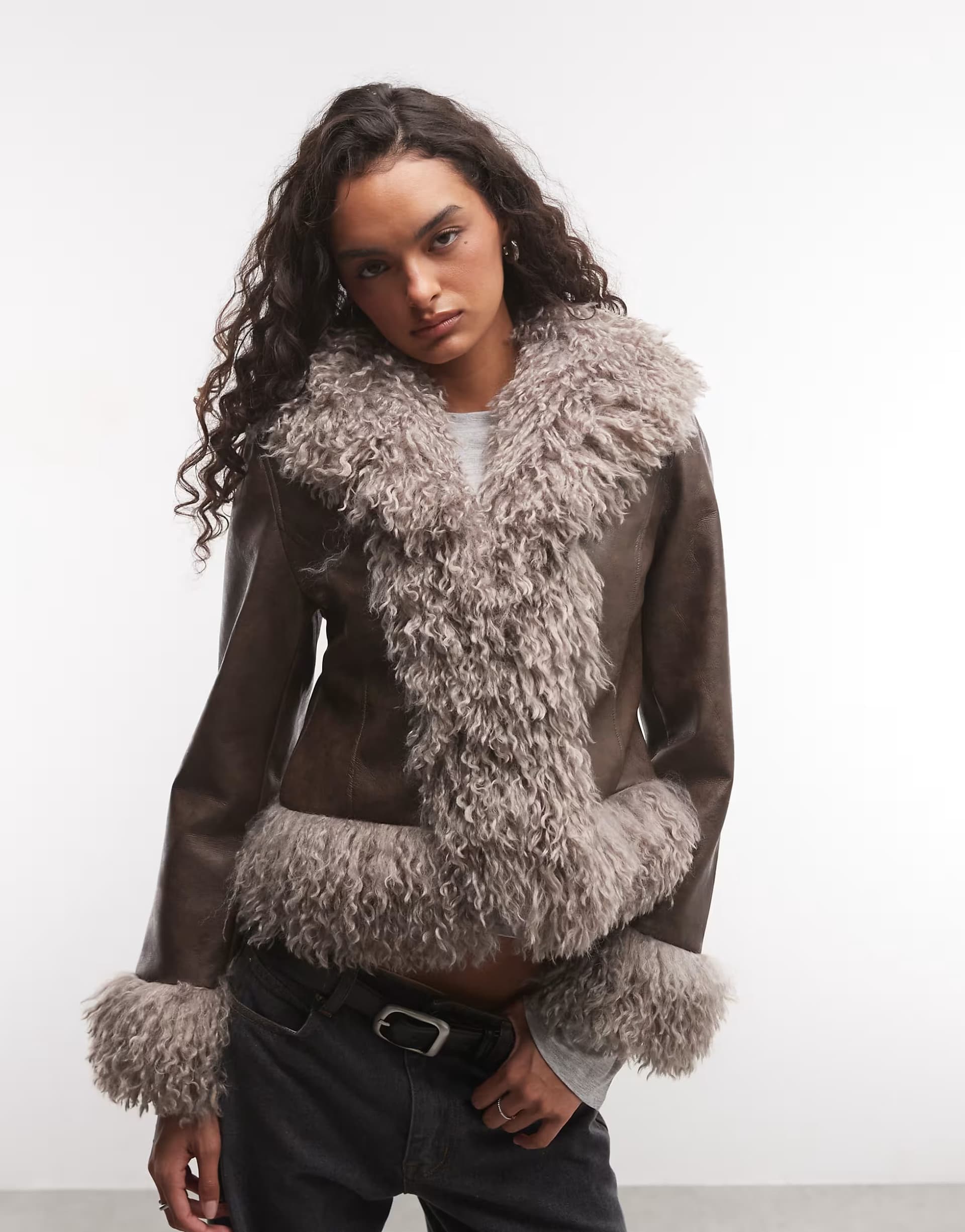 ASOS Reclaimed Vintage faux fur short coat in brown with cuffs