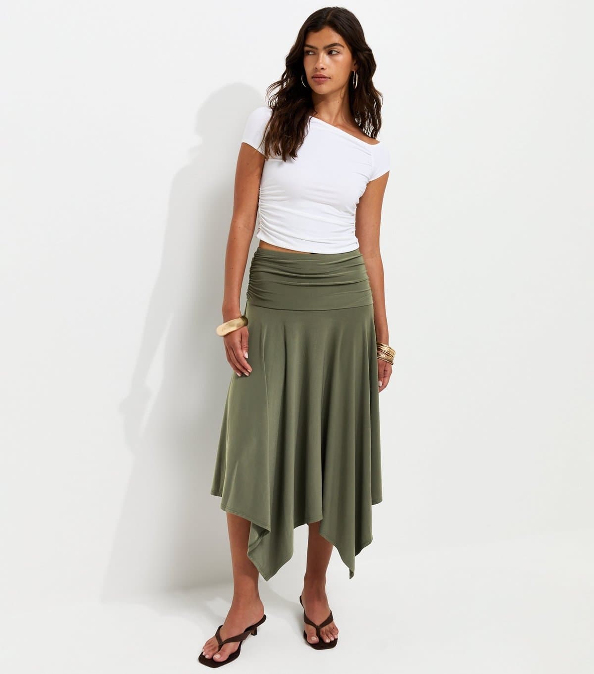 New Look Women's Dark Khaki Folded Waistband Handkerchief Hem Skirt New Look