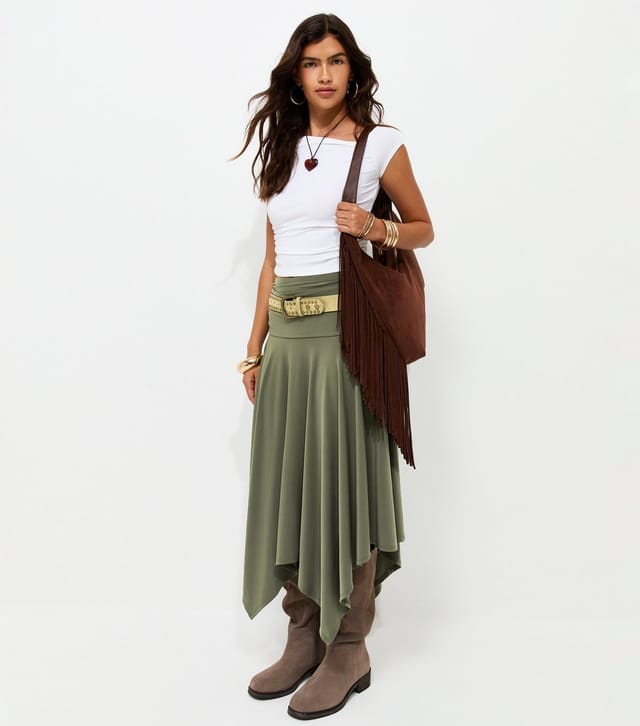 New Look Women's Dark Khaki Folded Waistband Handkerchief Hem Skirt New Look - 2