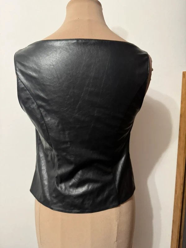 ASOS Design black faux leather vest biker top sleeveless satin bow ribbon size S - 1