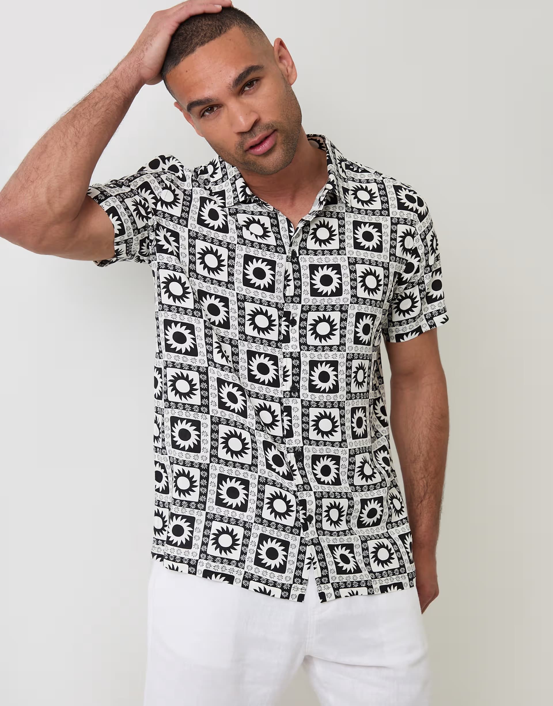 ASOS Threadbare Geometric sun print short sleeve shirt in black