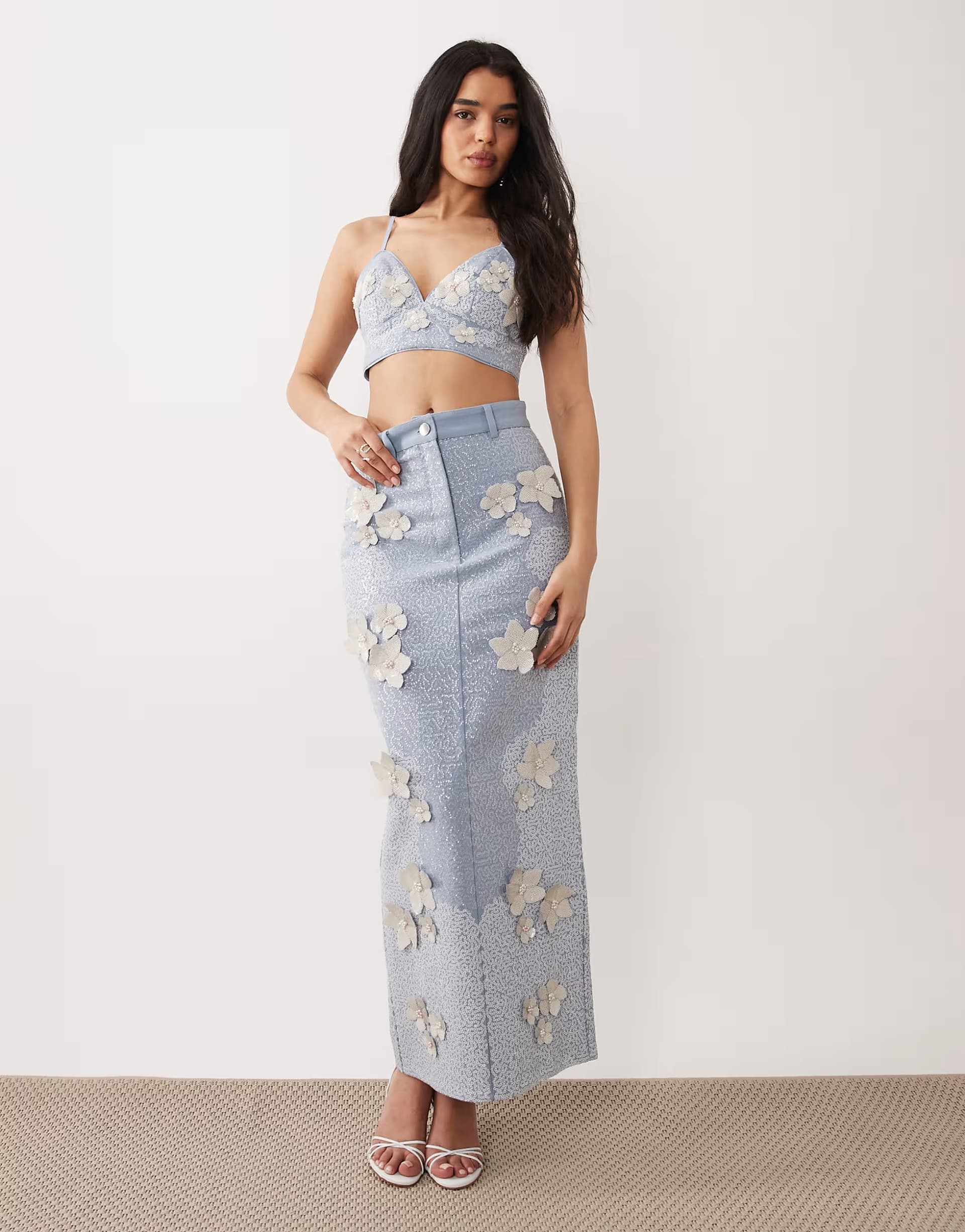 ASOS ASOS LUXE co-ord denim embellished cami top and maxi skirt in light blue
