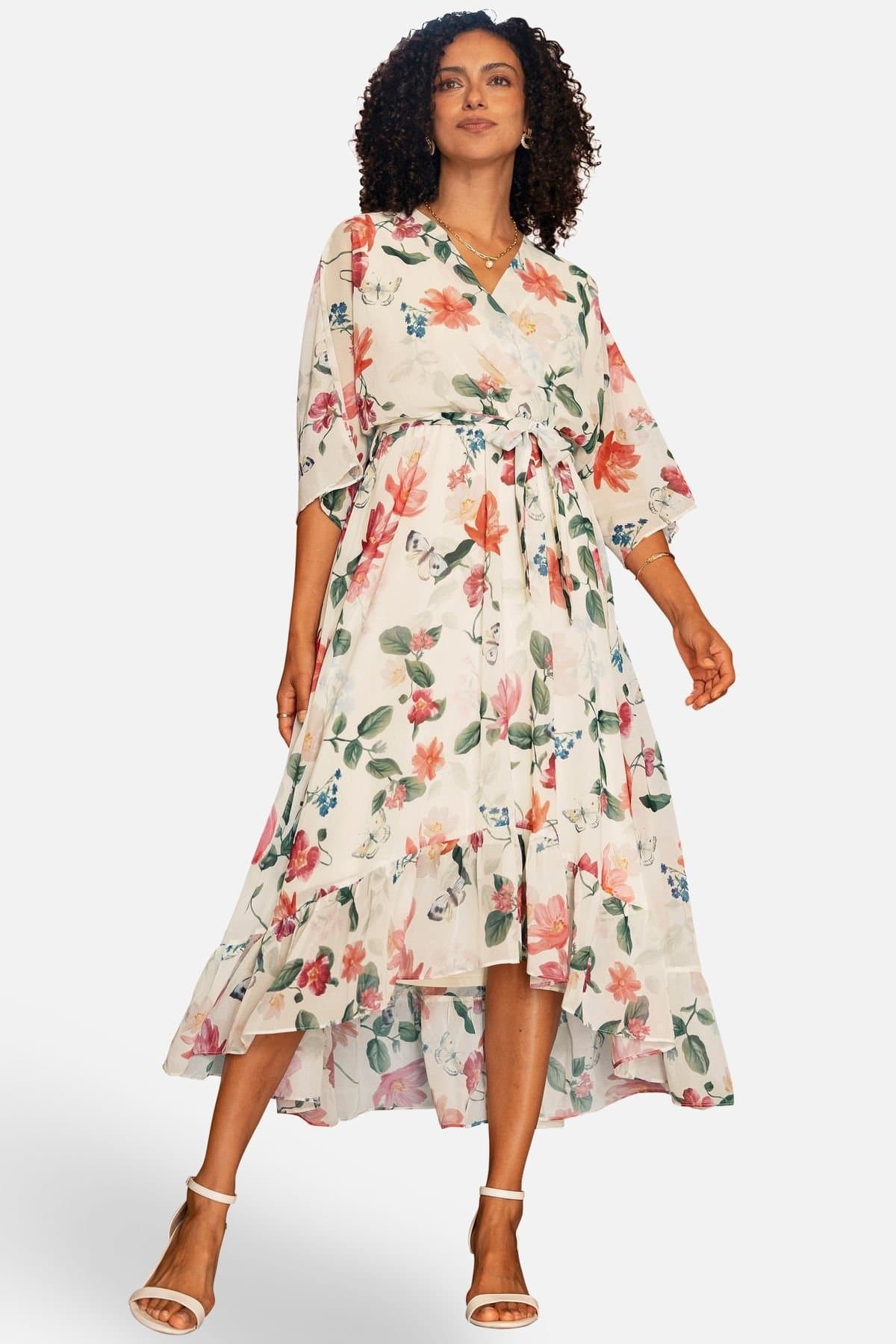 Yumi Yumi Women's Floral Kimono Wrap Dress With Dip Hem in Warm White