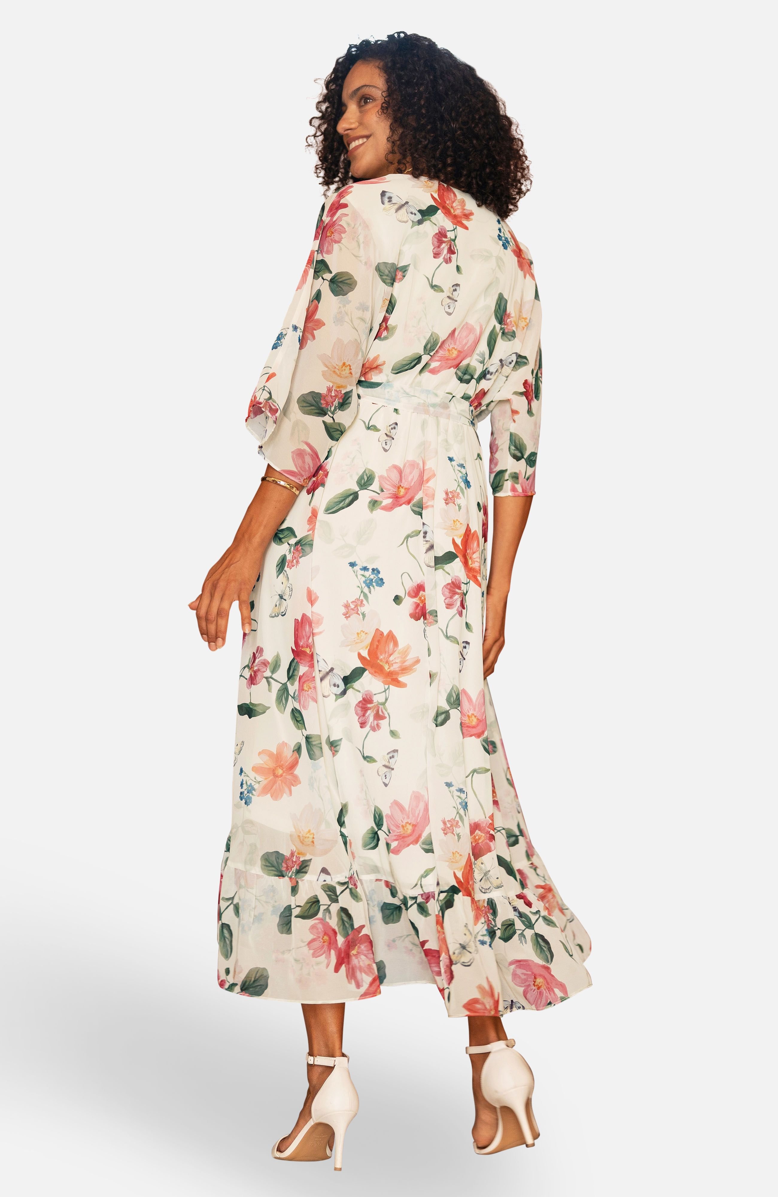 Yumi Yumi Women's Floral Kimono Wrap Dress With Dip Hem in Warm White - 2