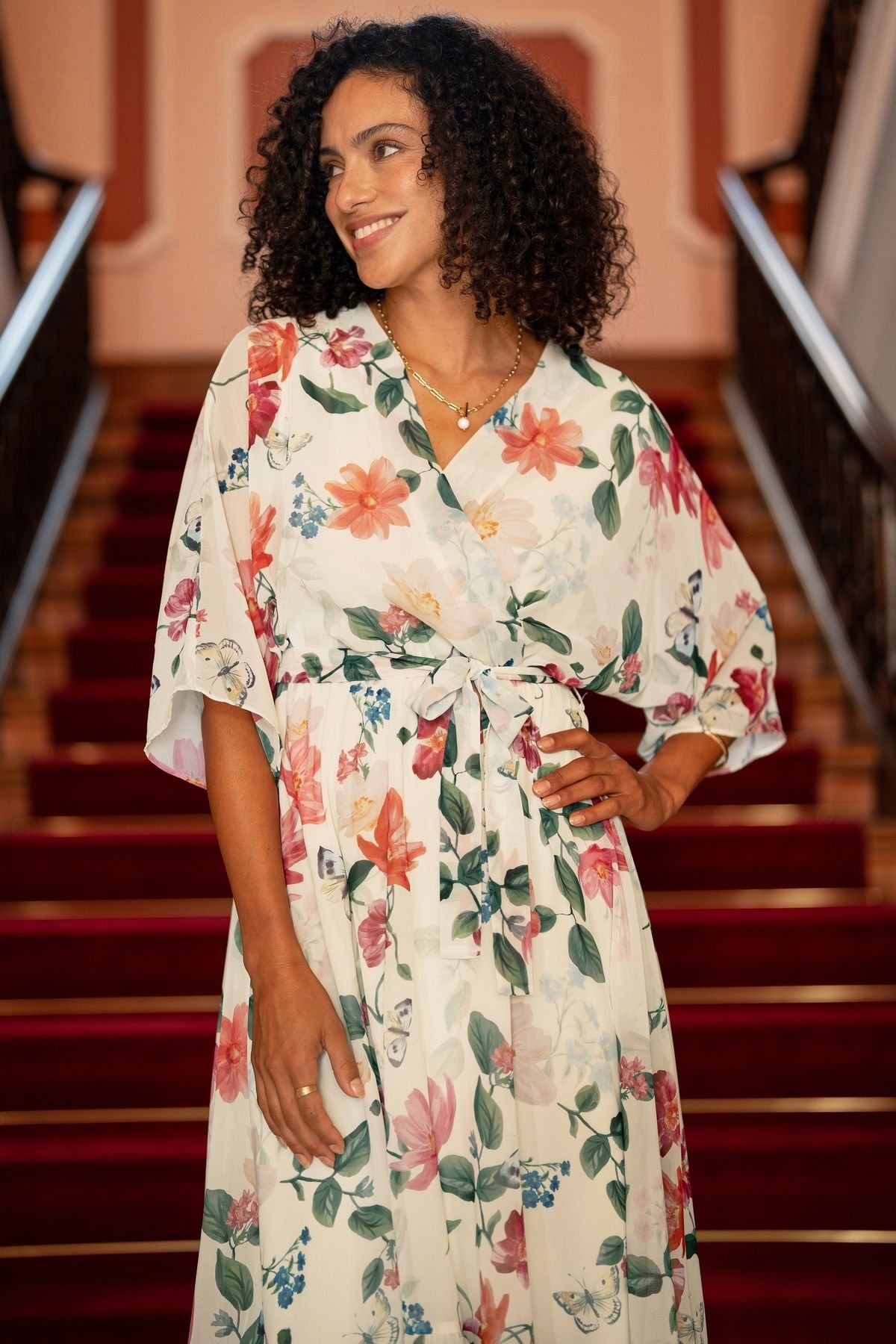 Yumi Yumi Women's Floral Kimono Wrap Dress With Dip Hem in Warm White - 4