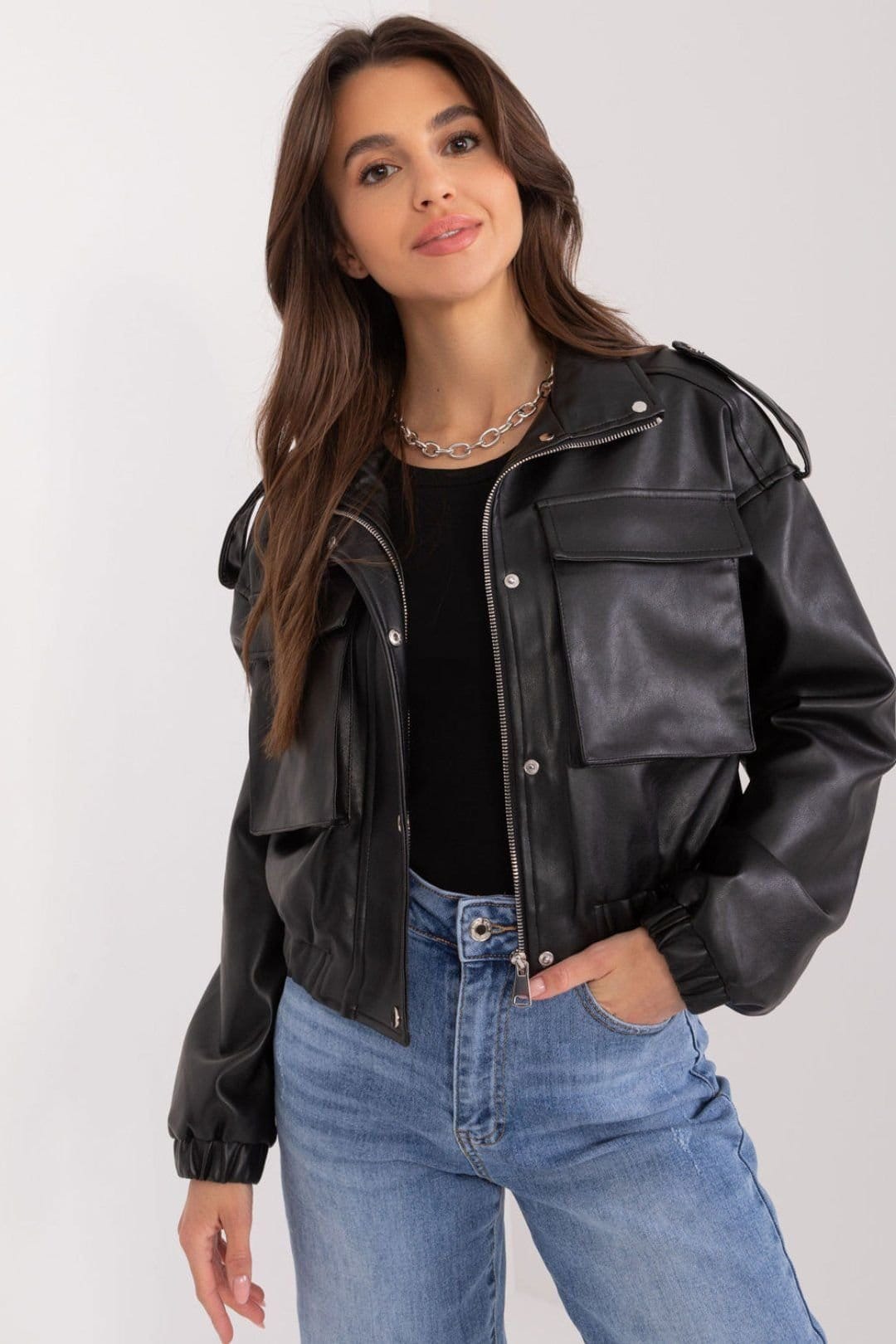 Love Lace Black Faux Leather Jacket with Pockets
