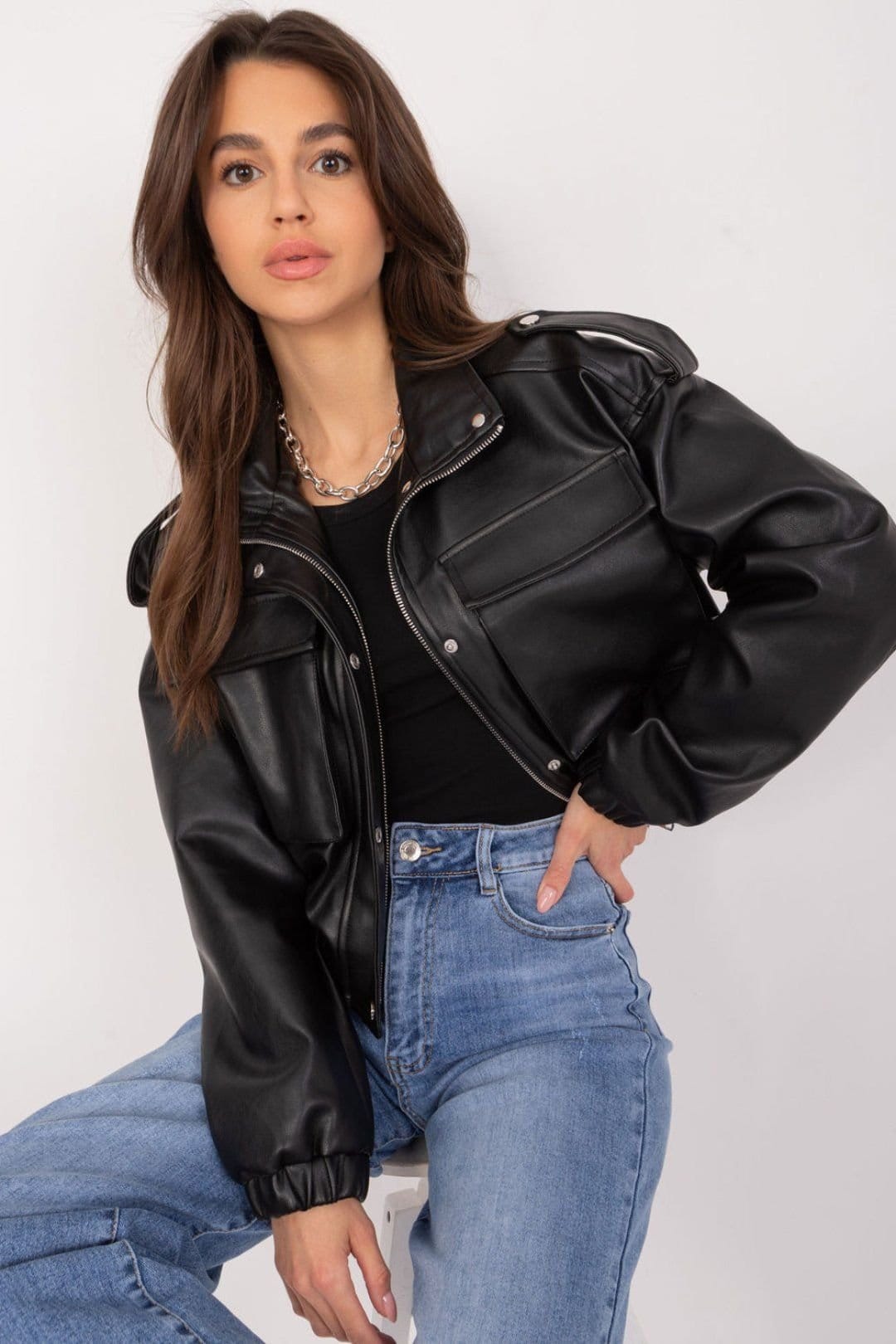 Love Lace Love Lace Women's Transitional Faux Leather Jacket with Pockets in Black - 4