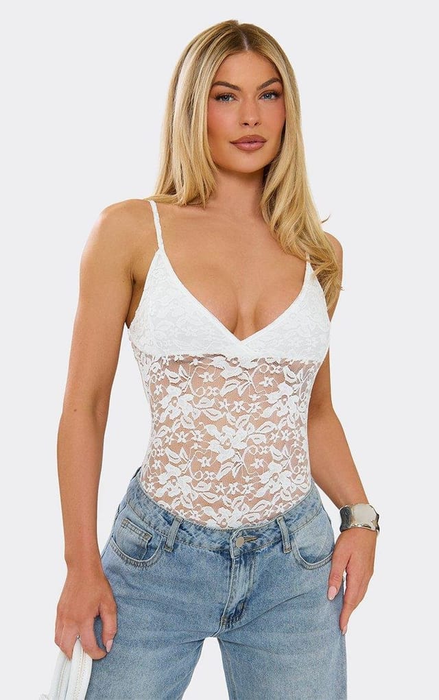 EGO Strappy Bodysuit In White Lace, Women's Size UK 6 - 2