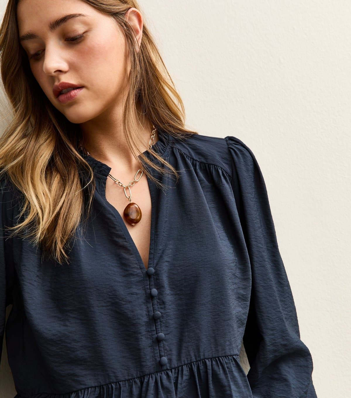 New Look Women's Navy Button Up Peplum Tea Blouse New Look