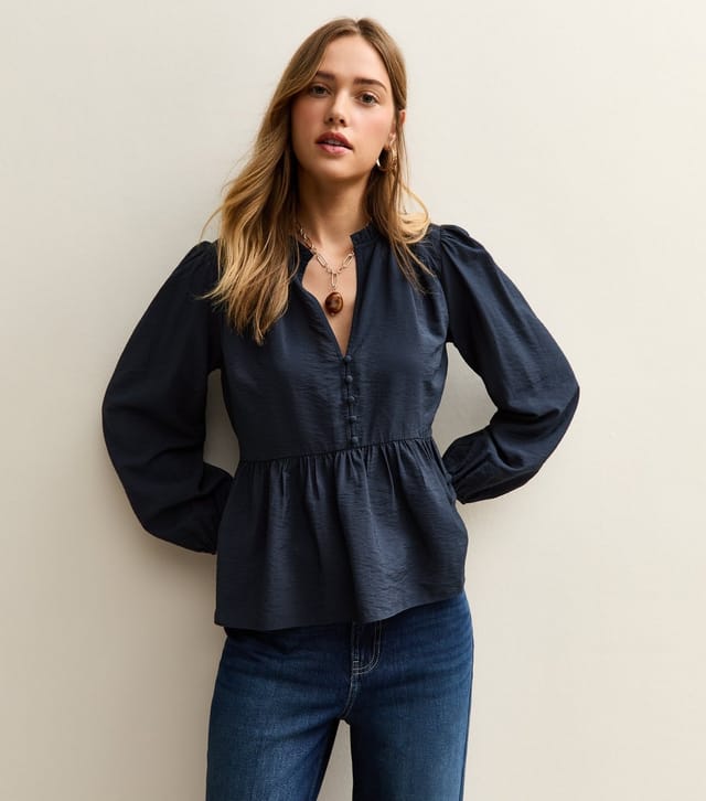New Look Women's Navy Button Up Peplum Tea Blouse New Look - 2