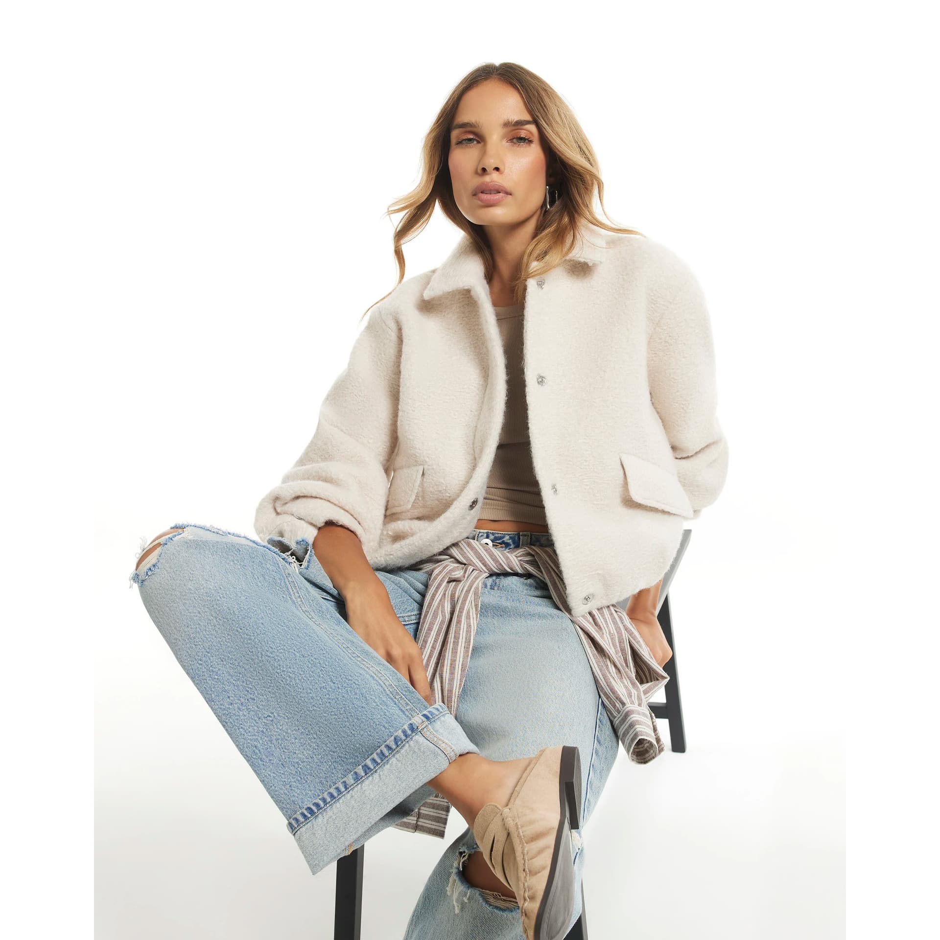 River Island River Island Womens Beige Teddy Harrington Jacket