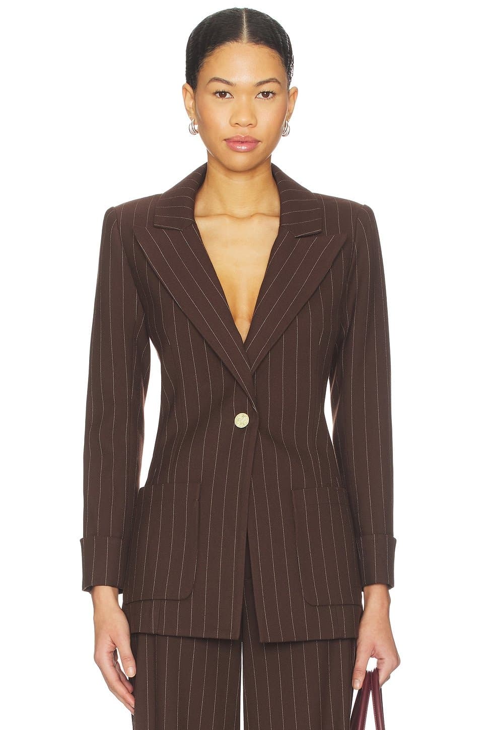revolve Revolve Fitted Roll Cuff Blazer in Dark Chocolate & Off White