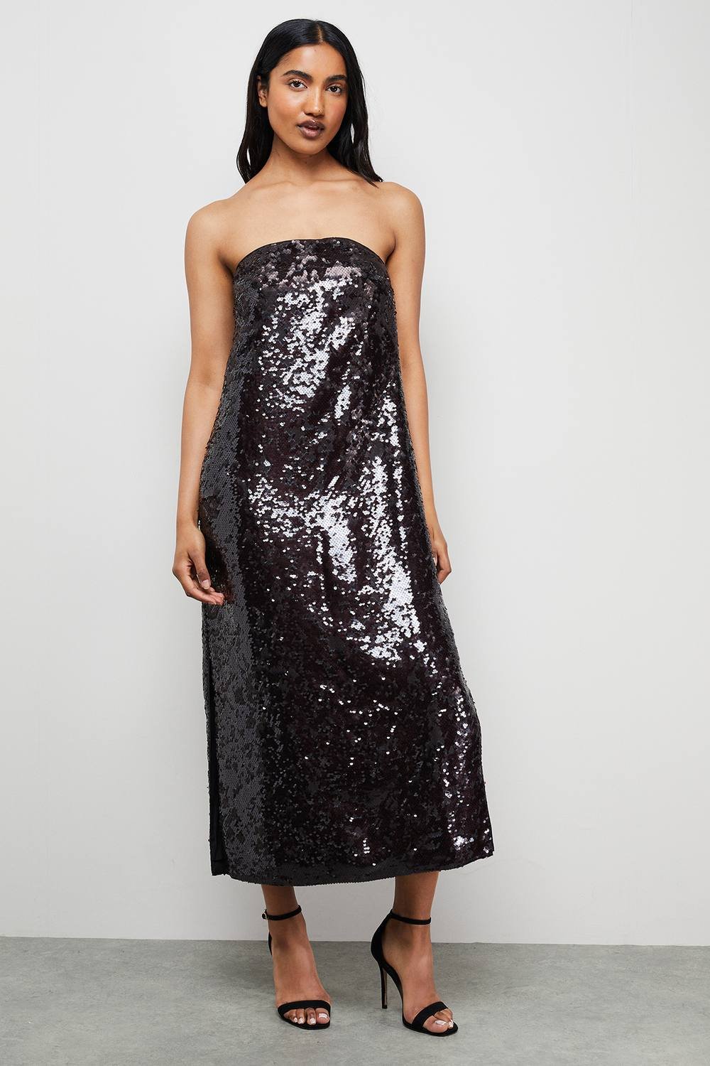 Warehouse Warehouse Women's Sequin Bandeau Midi Dress in Black Chocolate - 1