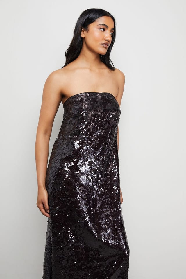 Warehouse Warehouse Women's Sequin Bandeau Midi Dress in Black Chocolate - 2
