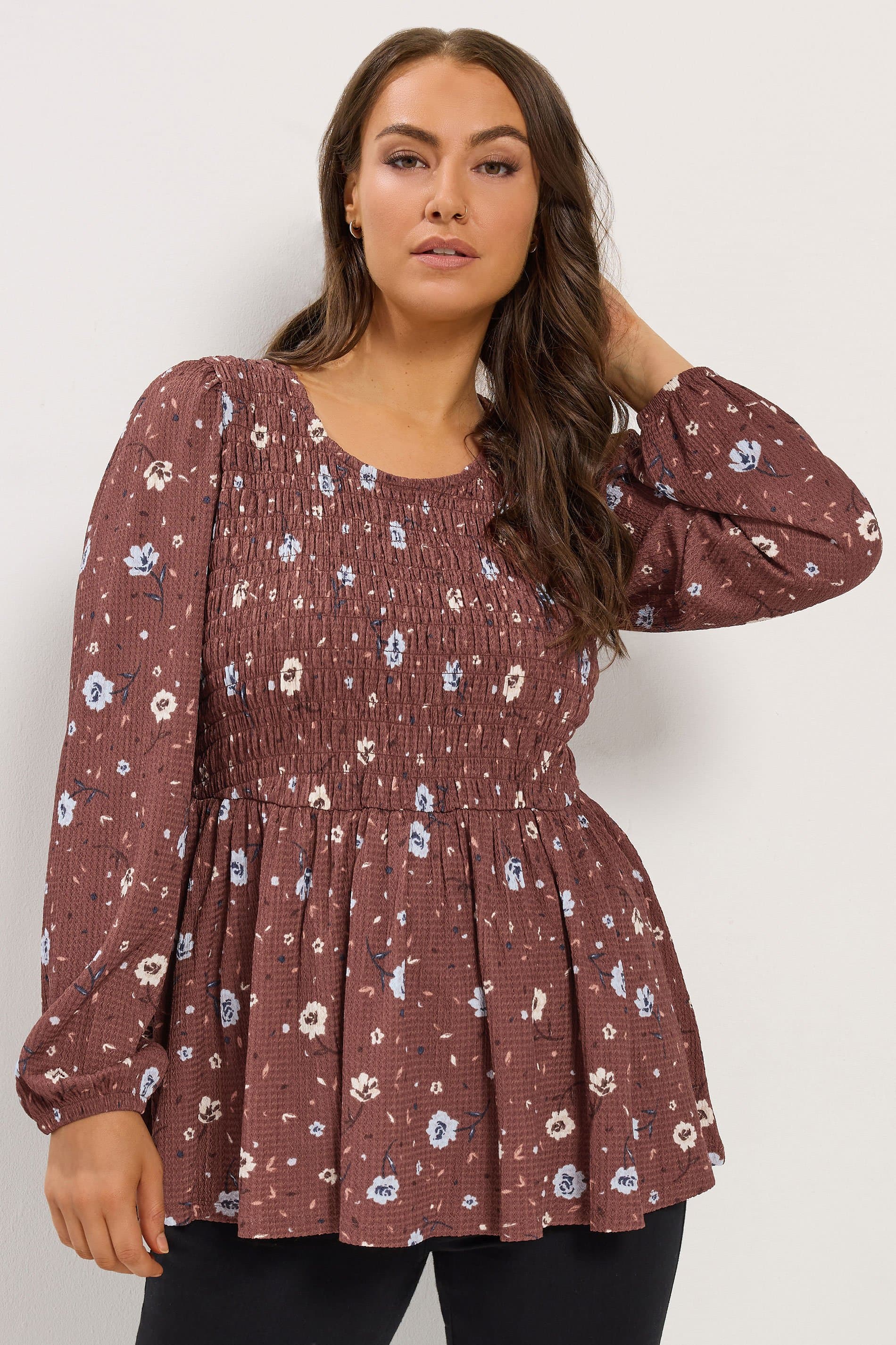 Yours Plus Size Brown Floral Peplum Top
