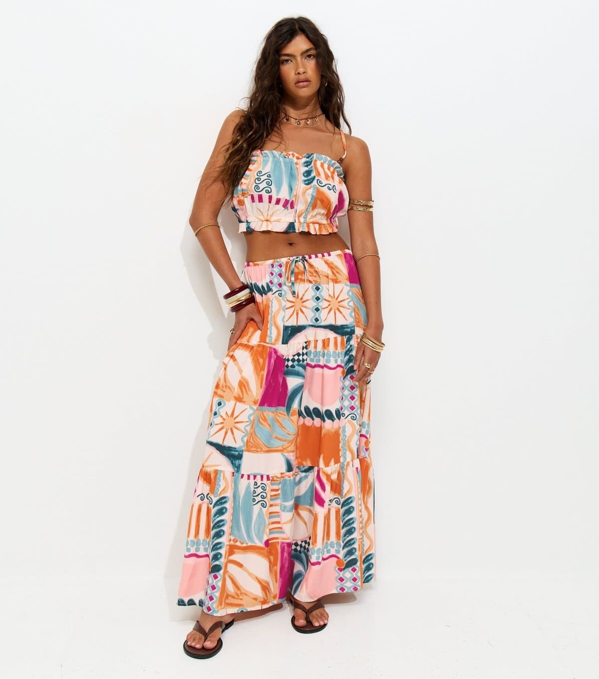 New Look Women's Multicolour Crepe Tropical Print Tiered Midi Skirt New Look