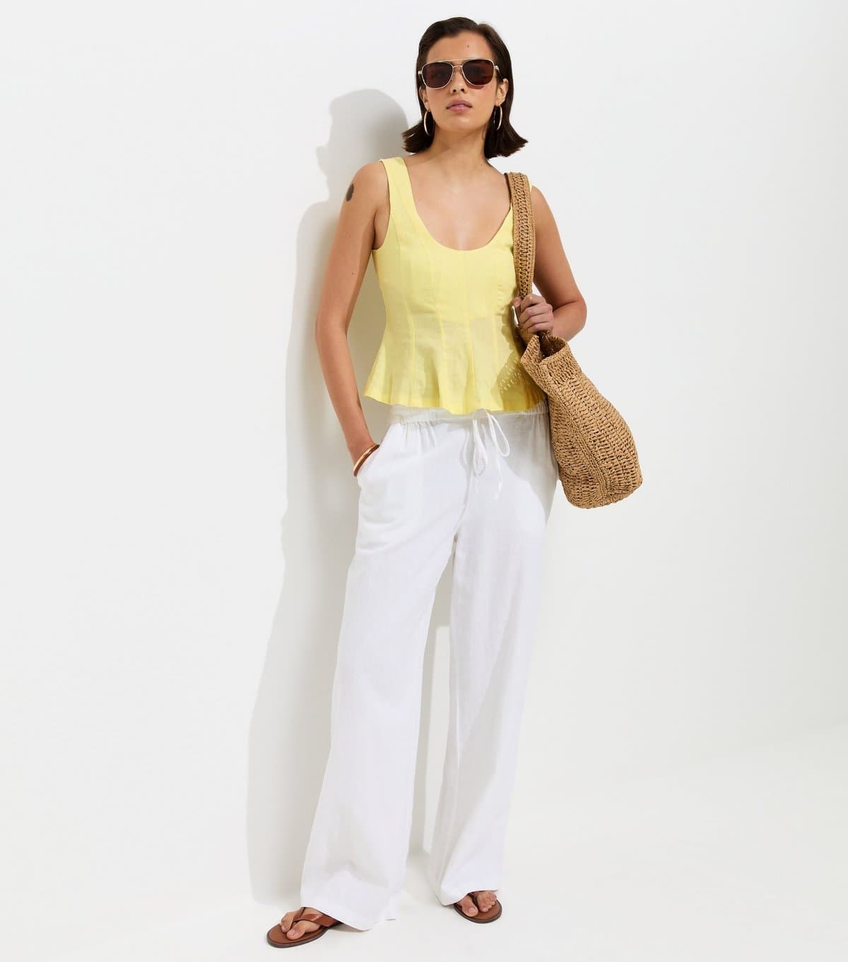 New Look Women's Light Yellow Linen Rich Scoop Neck Sleeveless Top New Look