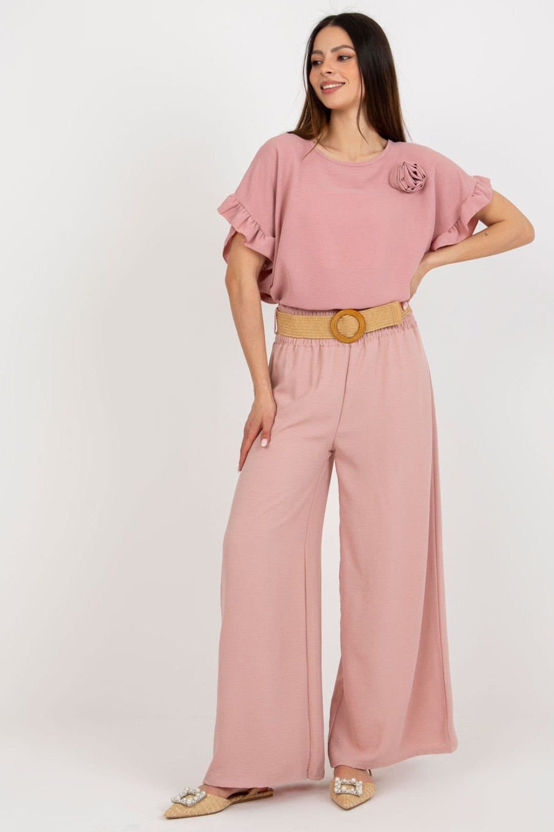 Love Lace Love Lace Women's High Rise Wide Leg Trousers with Belt Creases in Pink