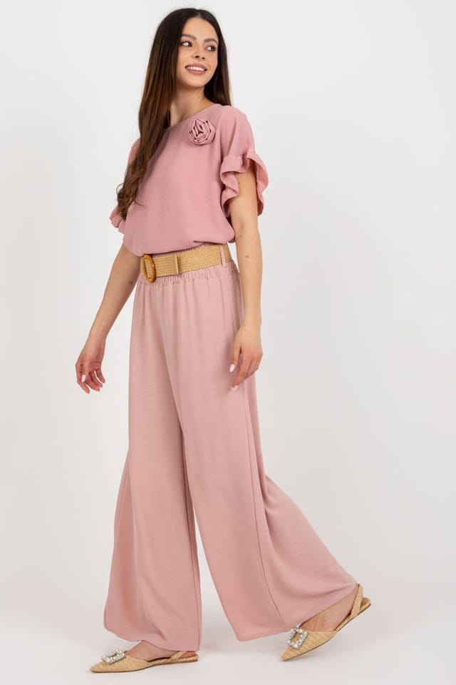 Love Lace Love Lace Women's High Rise Wide Leg Trousers with Belt Creases in Pink - 2
