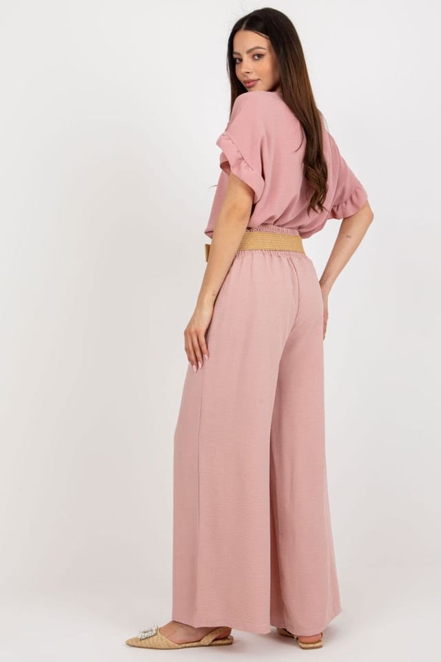 Love Lace Love Lace Women's High Rise Wide Leg Trousers with Belt Creases in Pink - 3