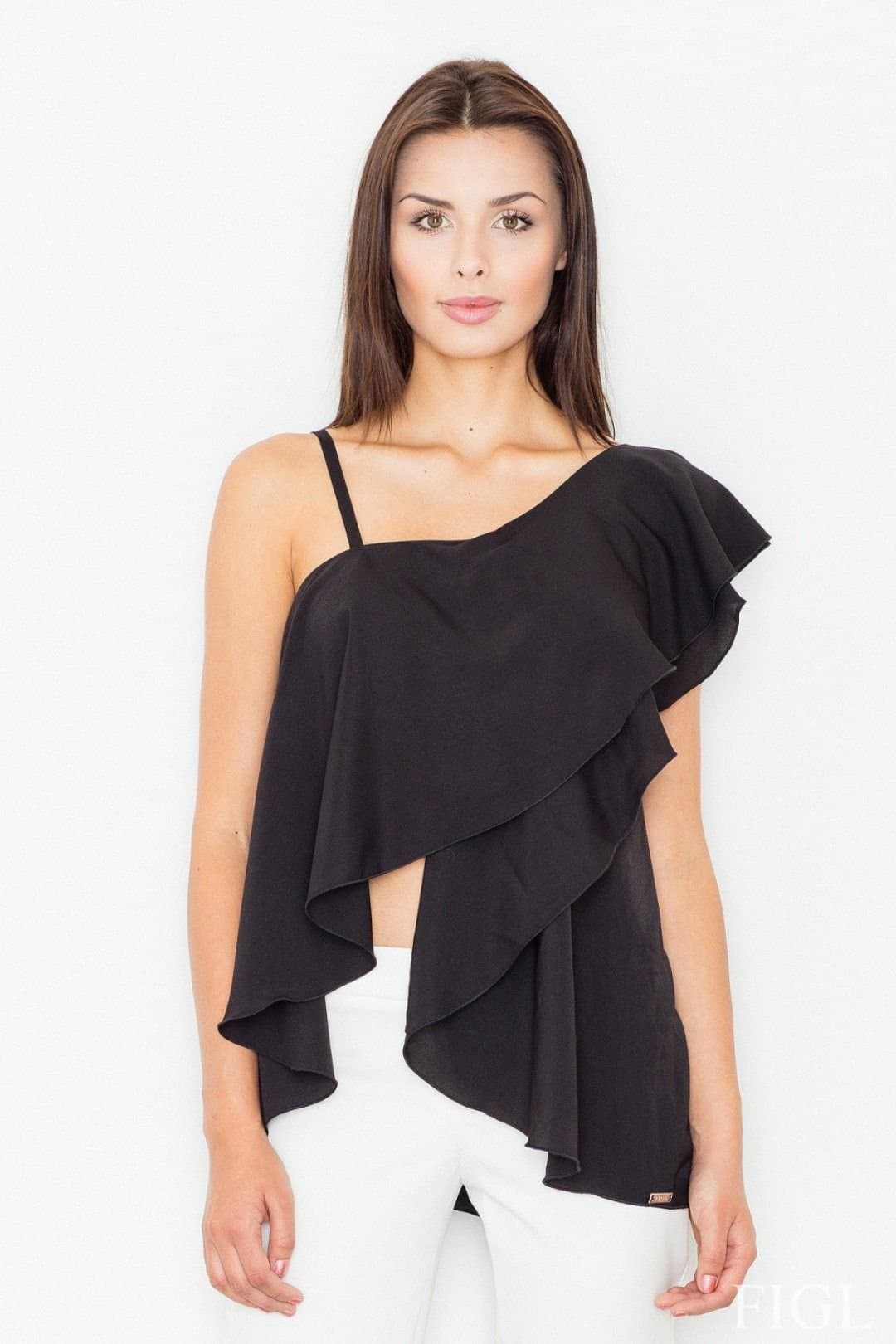 Love Lace Love Lace Women's Belly Exposing Frill Front Blouse Longer Back in Black
