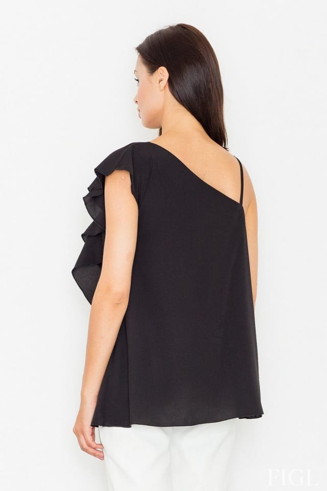 Love Lace Love Lace Women's Belly Exposing Frill Front Blouse Longer Back in Black - 2