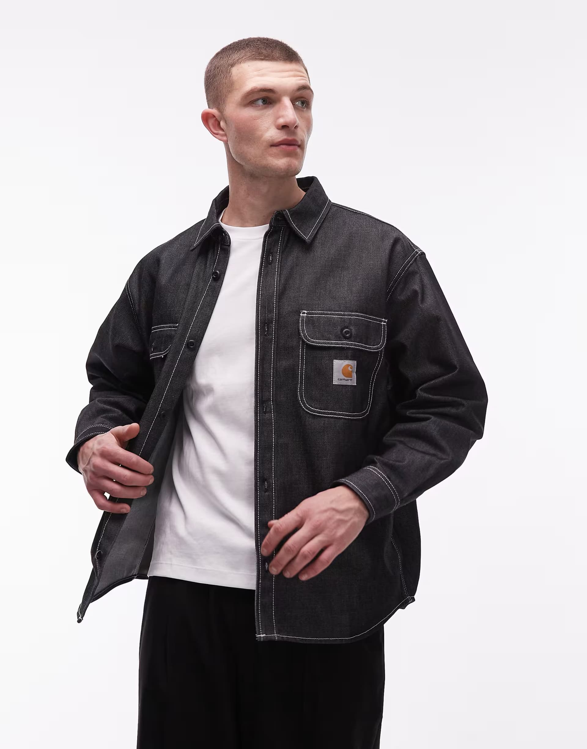 ASOS Carhartt WIP tigan rigid denim shirt with contrast stitching in black