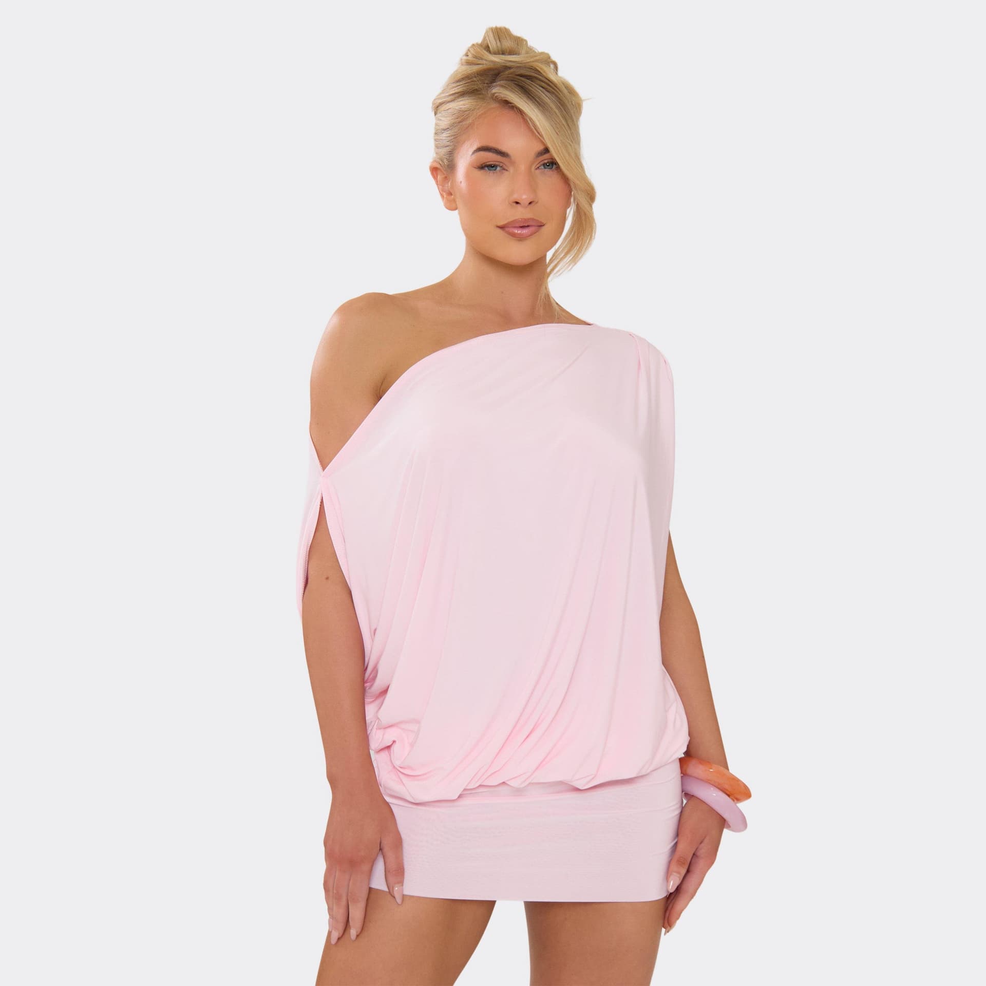 EGO Off The Shoulder Draped Asymmetric Mini Dress In Baby Pink Slinky, Women's Size UK 6