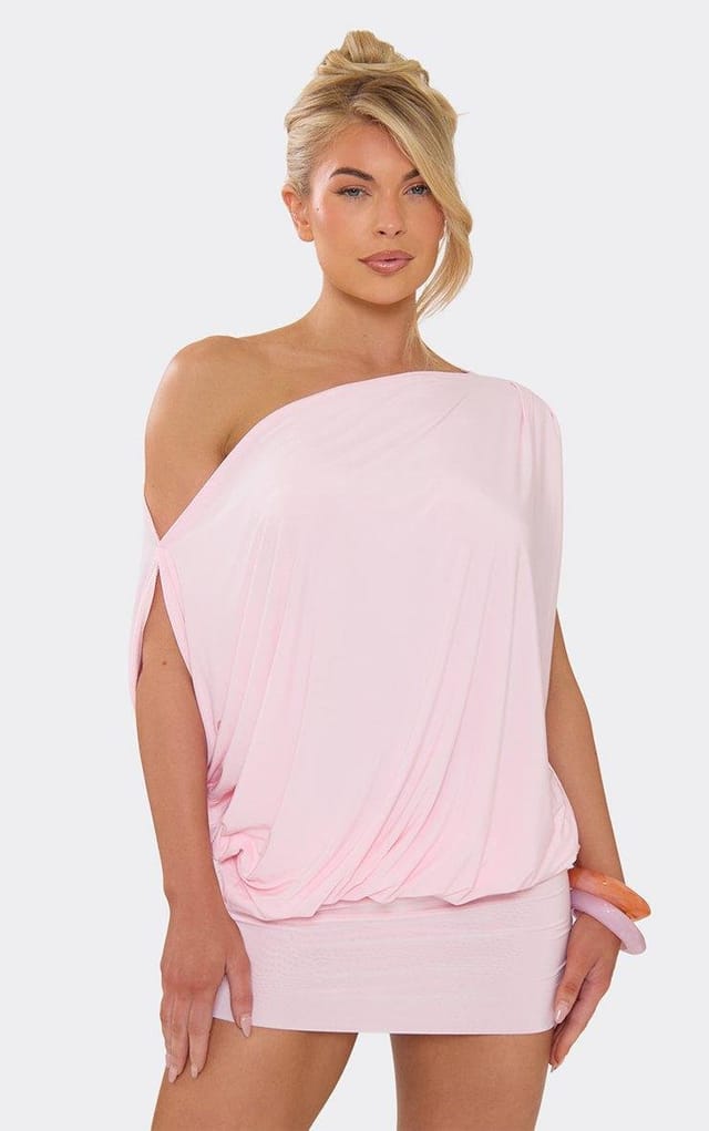 EGO Off The Shoulder Draped Asymmetric Mini Dress In Baby Pink Slinky, Women's Size UK 6 - 2