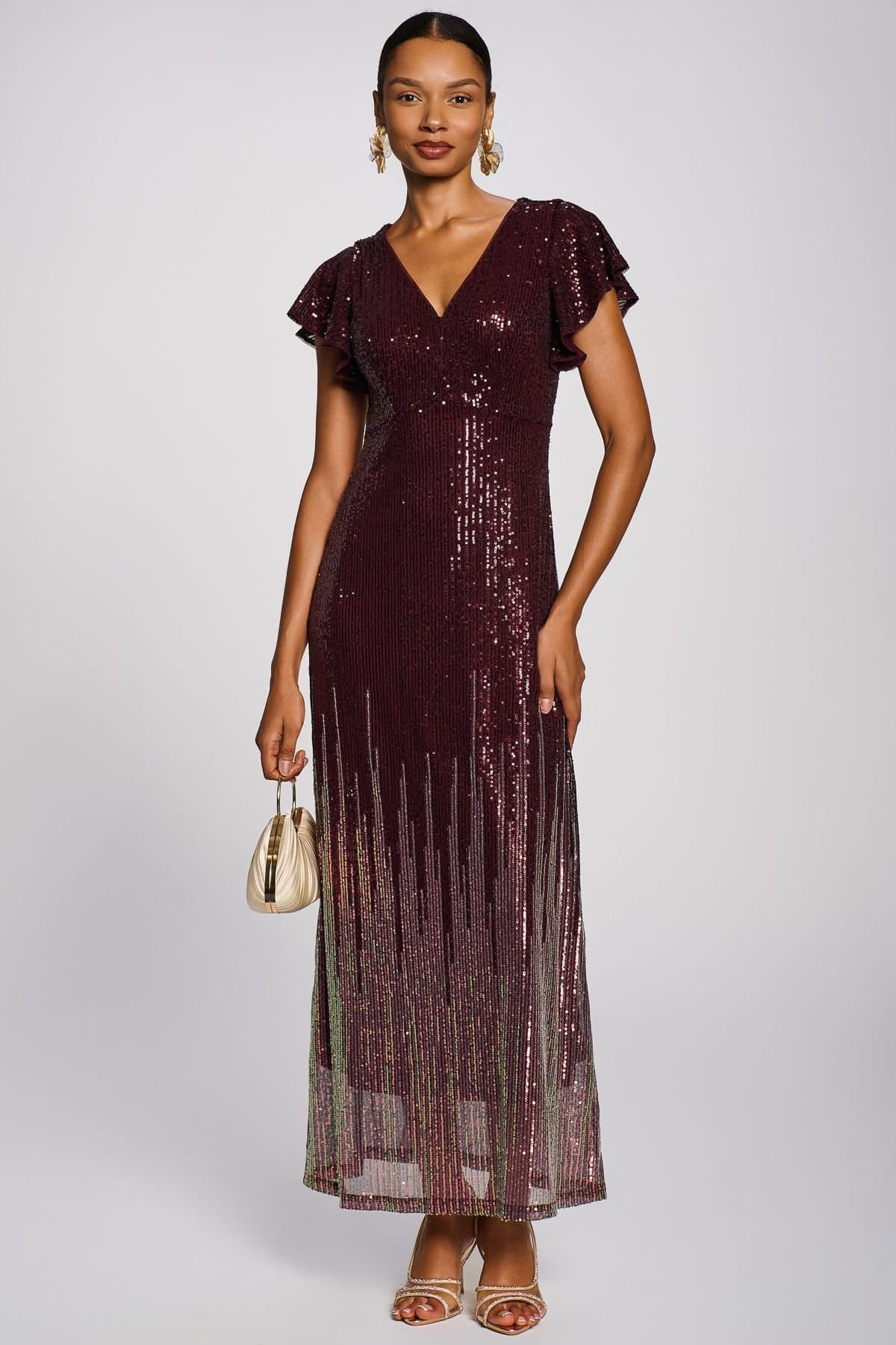 Jolie Moi Jolie Moi Women's Placement Patterned Sequin Maxi Dress in Burgundy