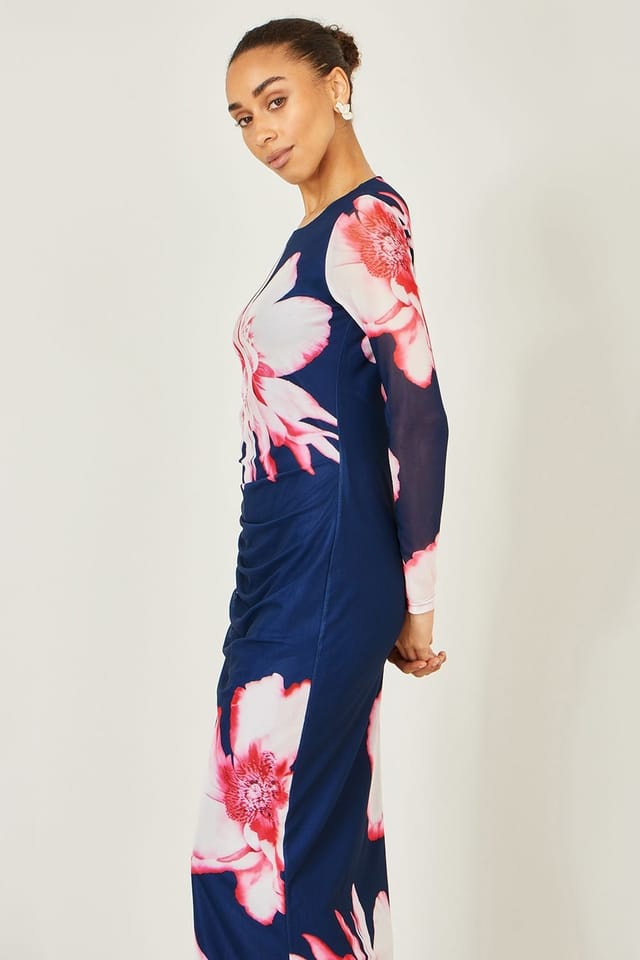 Yumi Yumi Women's Navy Floral Placement Floral Long Sleeve Mesh Maxi Dress - 2