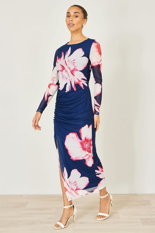 Yumi Yumi Women's Navy Floral Placement Floral Long Sleeve Mesh Maxi Dress - 3