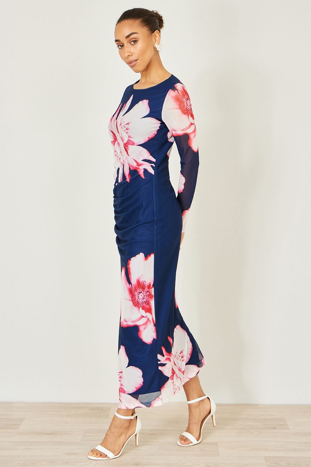 Yumi Yumi Women's Navy Floral Placement Floral Long Sleeve Mesh Maxi Dress - 4