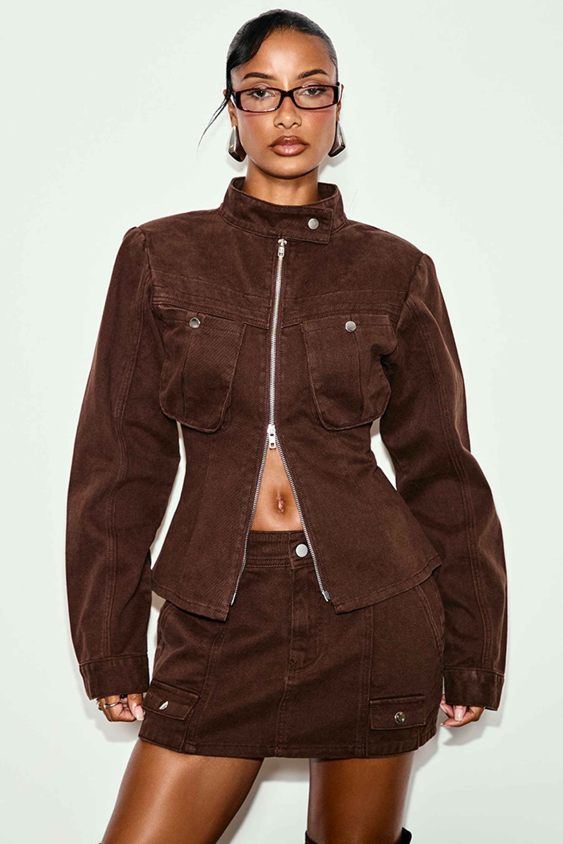 EGO EGO Women's Cargo Long Sleeve Zip High Neck Denim Jacket in Chocolate