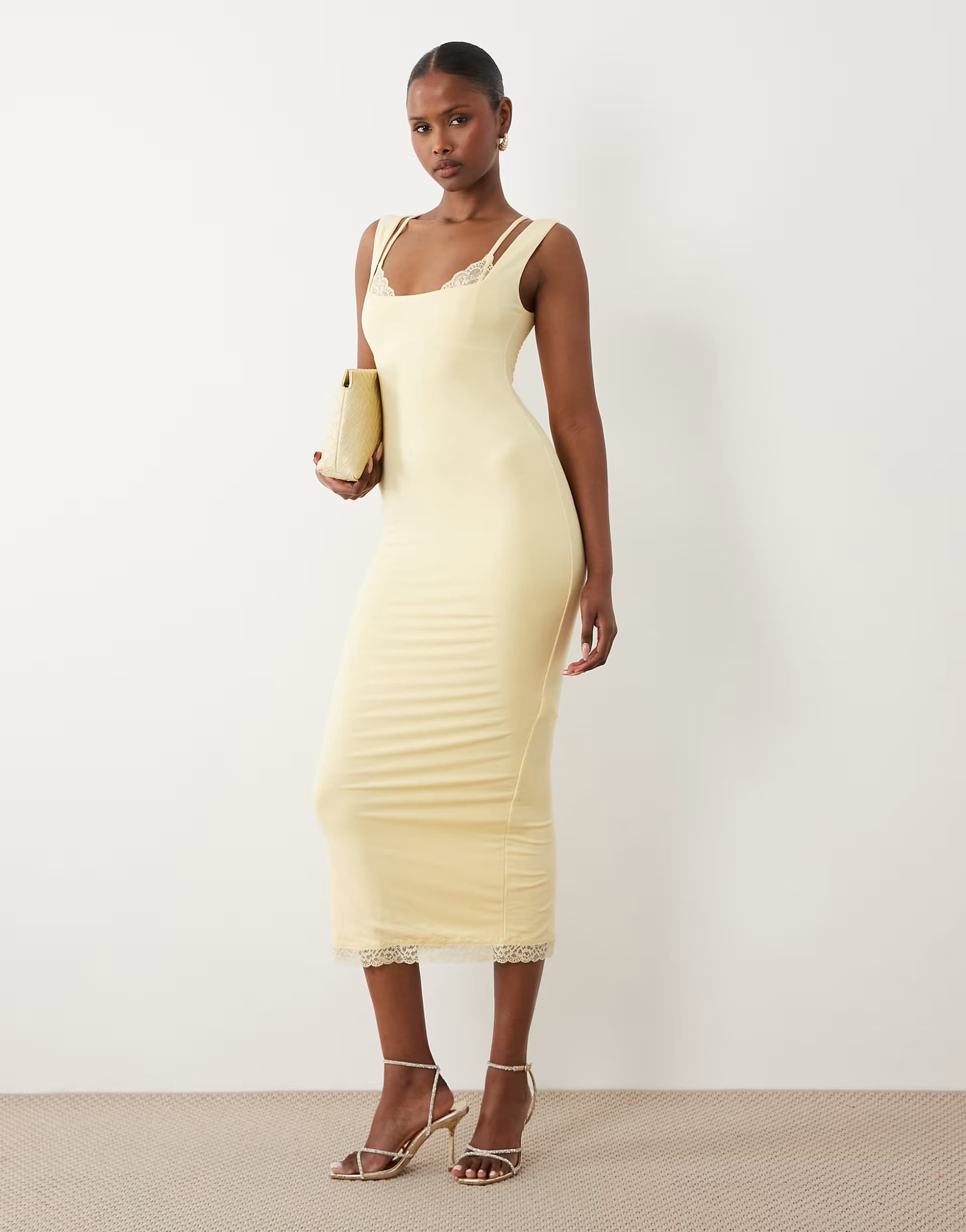 ASOS Oh Polly modal lace bralette detail midi dress in butter yellow