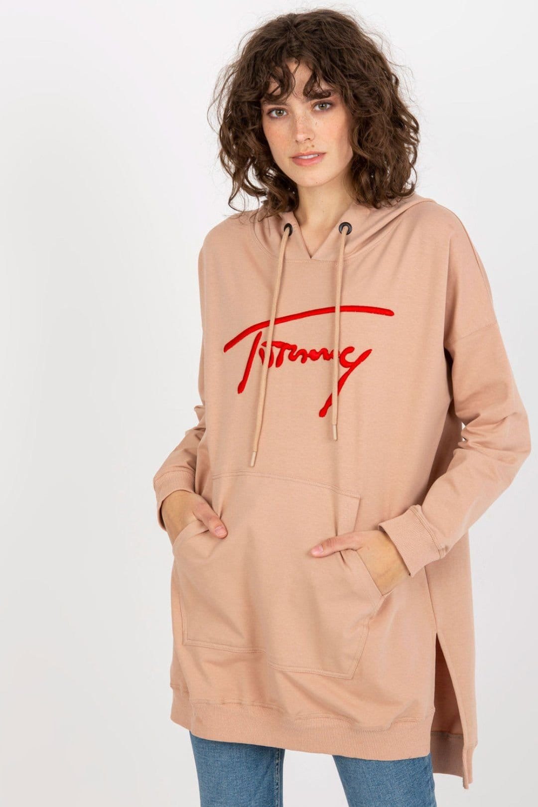 Love Lace Beige Longline Cotton Hoodie with Pocket
