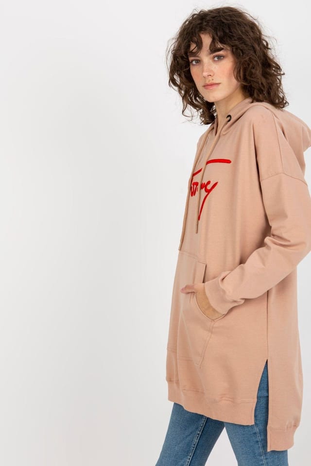 Love Lace Love Lace Women's Longline Minimalist Cotton Hoodie with Pocket in Beige - 2