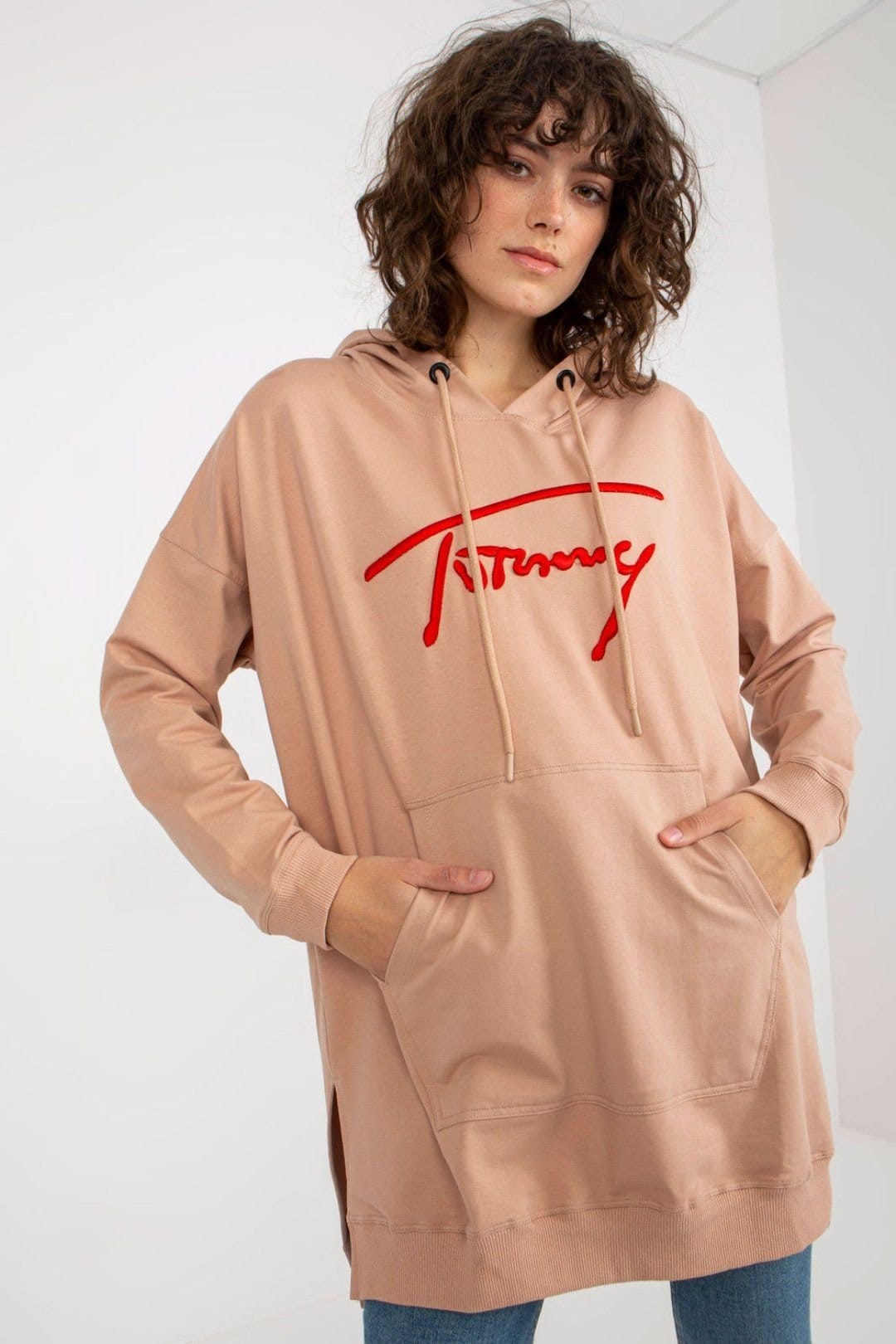 Love Lace Love Lace Women's Longline Minimalist Cotton Hoodie with Pocket in Beige - 4