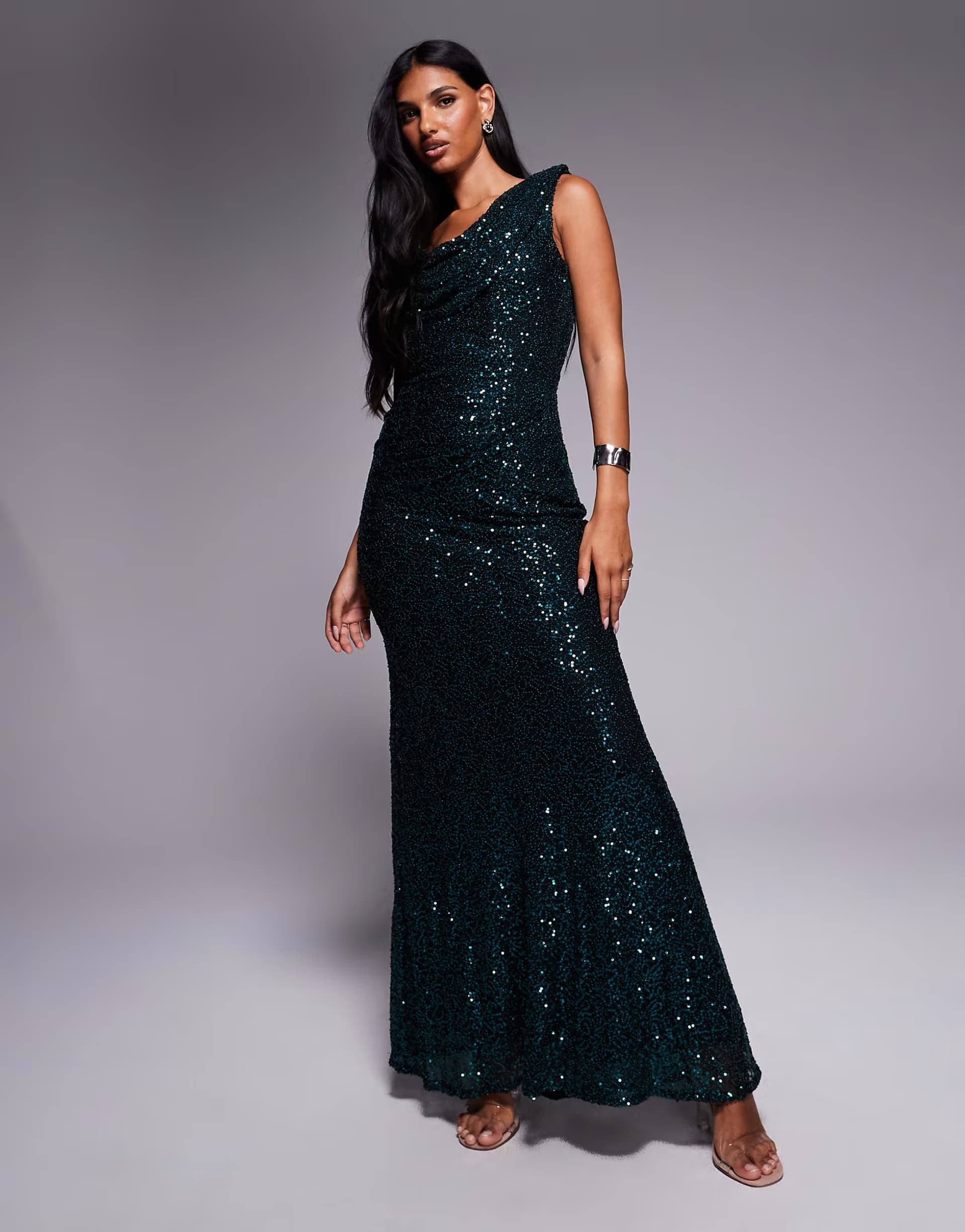 ASOS Goddiva Sequin cowl one shoulder maxi dress in emerald