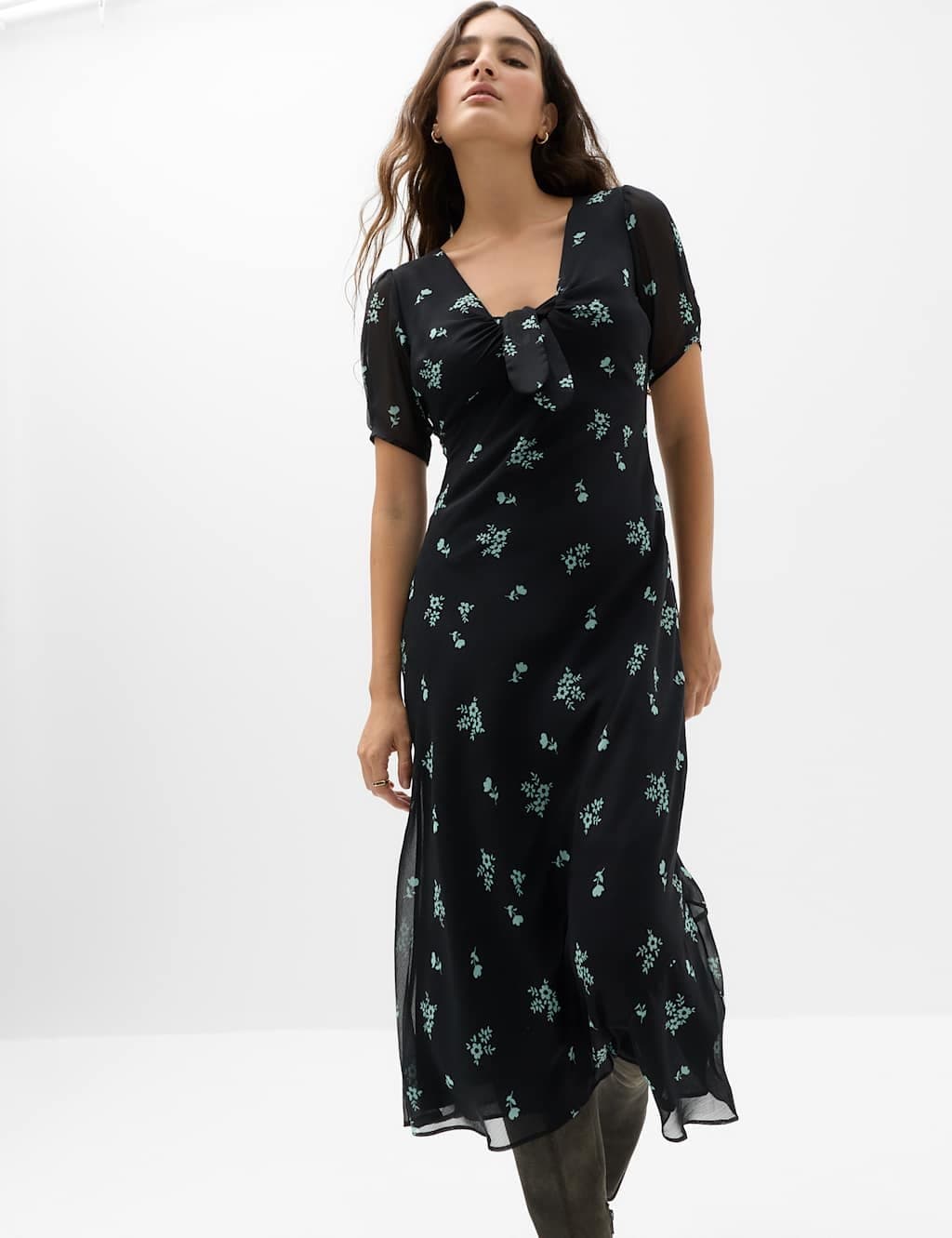 Marks & Spencer M&S Floral Puff Sleeve Tie Detail Midaxi Tea Dress Black Mix