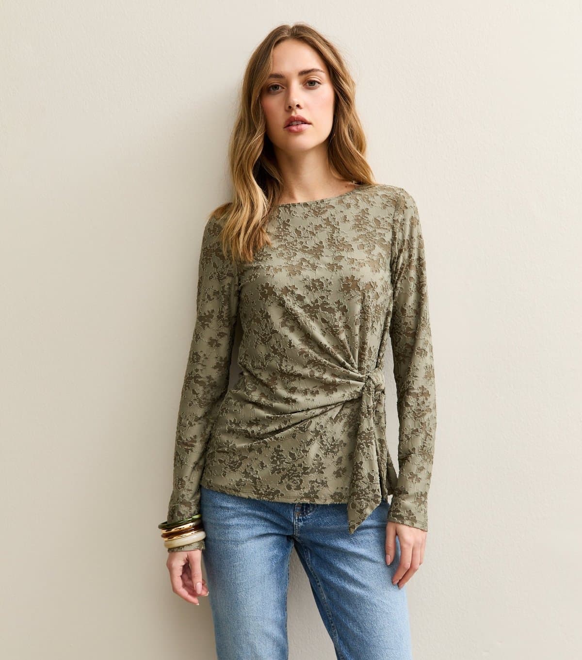 New Look Women's Khaki Jersey Floral Burnout Knot Long Sleeve Top New Look