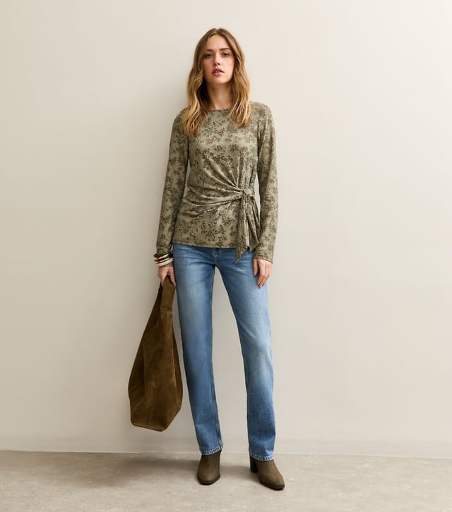 New Look Women's Khaki Jersey Floral Burnout Knot Long Sleeve Top New Look - 2