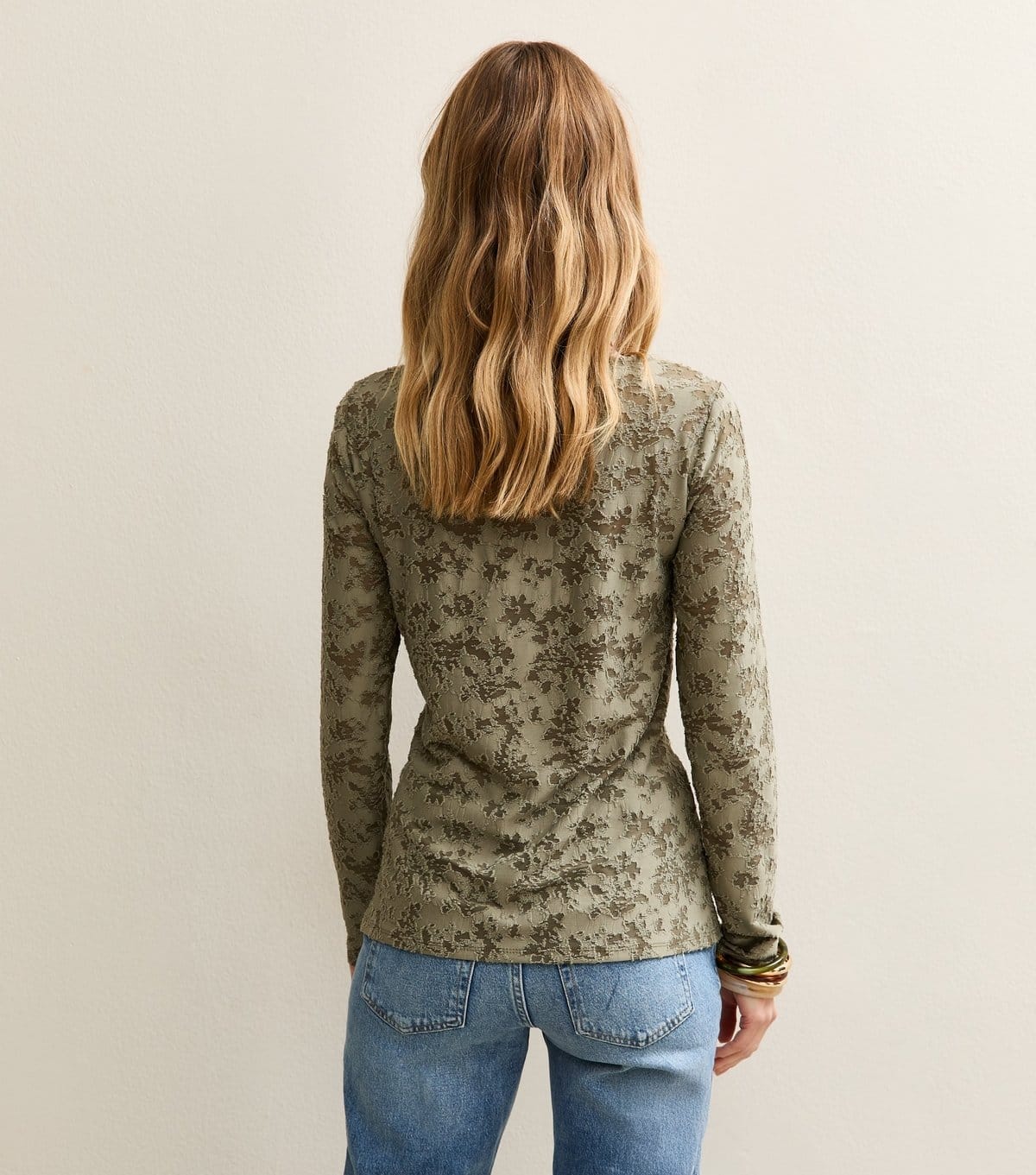New Look Women's Khaki Jersey Floral Burnout Knot Long Sleeve Top New Look - 4