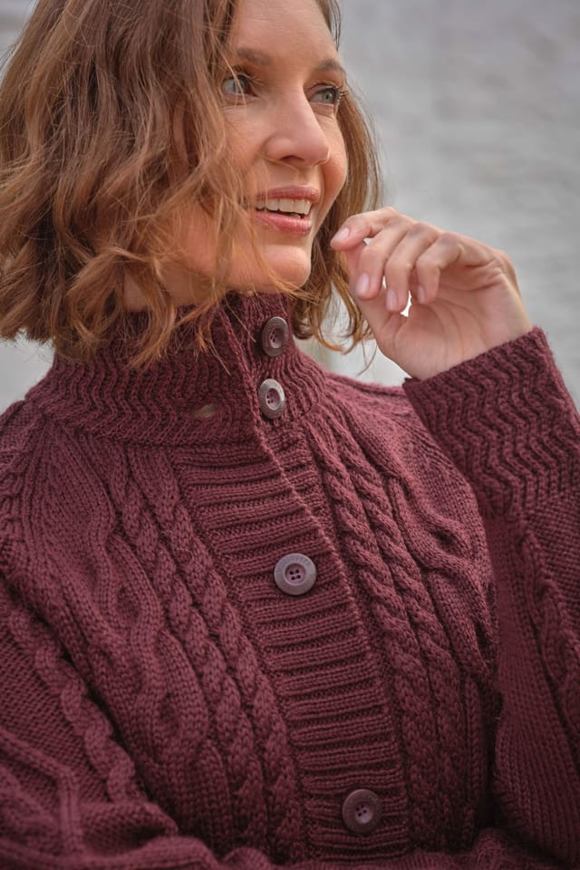 WoolOvers WoolOvers Women's Pure Wool Aran Coatigan in Wine - 2