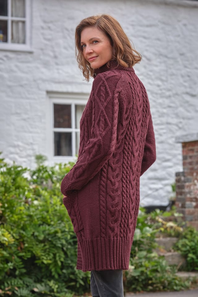 WoolOvers WoolOvers Women's Pure Wool Aran Coatigan in Wine - 3